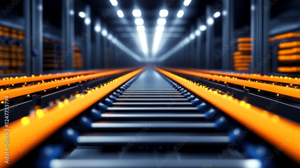 Futuristic railway track illuminated by vibrant light in a spacious industrial environment