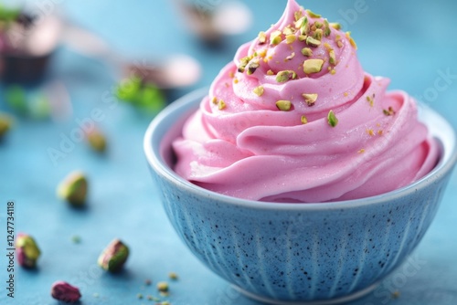 Cupcake with pink frosting and sprinkles on a plate photo