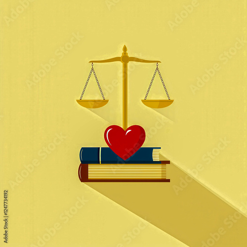 Scales of Justice with Heart and Books on Yellow Background