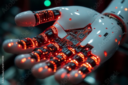 Close-up of a robotic hand holding red pills photo