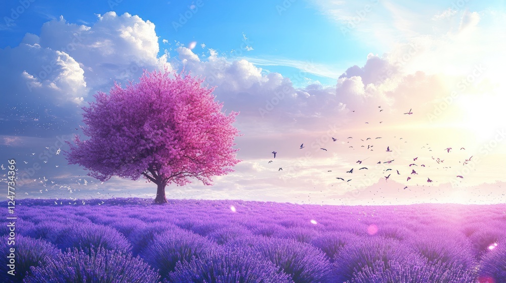 Pink tree, lavender field, sunrise, birds, peaceful scene Pink tree, lavender field, sunrise, birds, peaceful scene