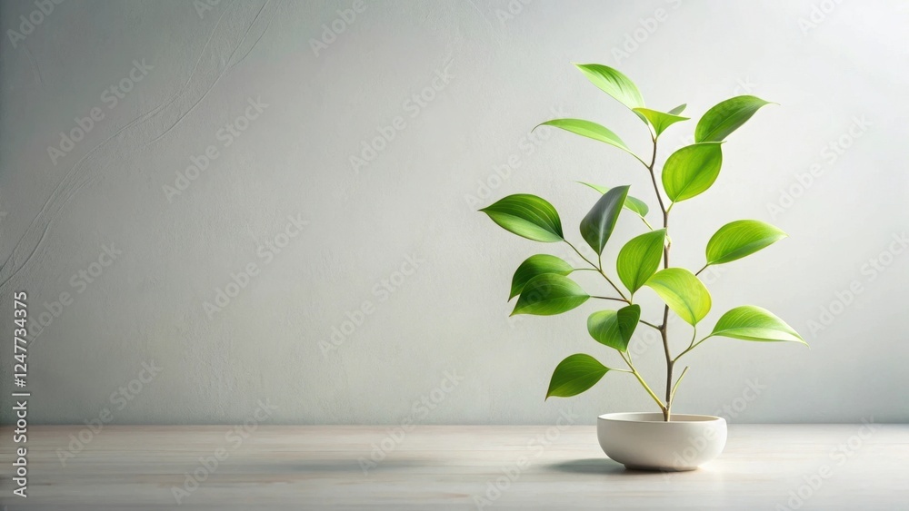 Serene Minimalist Greenery in a Simple White Bowl on a Light Wooden Surface Against a Neutral Wall Background Serene Minimalist Greenery in a Simple White Bowl on a Light Wooden Surface Against a Neutral Wall Background