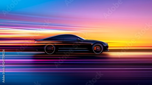 Sleek black sport car speeding along a vibrant sunset road with colorful light trails in the background