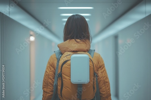 Backpack and jacket on a subway platform photo