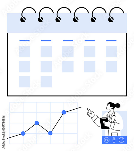 Spiral calendar with highlighted dates, upward trendline graph, and a female presenter on a video call. Ideal for planning, statistics, virtual meetings, education, analysis, schedules abstract line photo