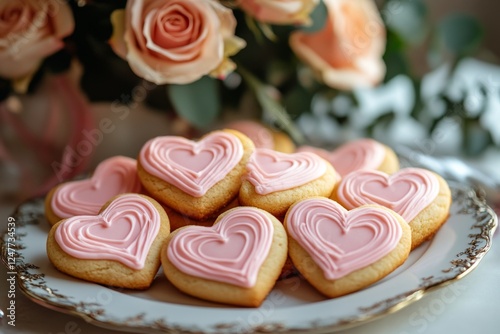 Heart-shaped cookies decorated with pink frosting photo