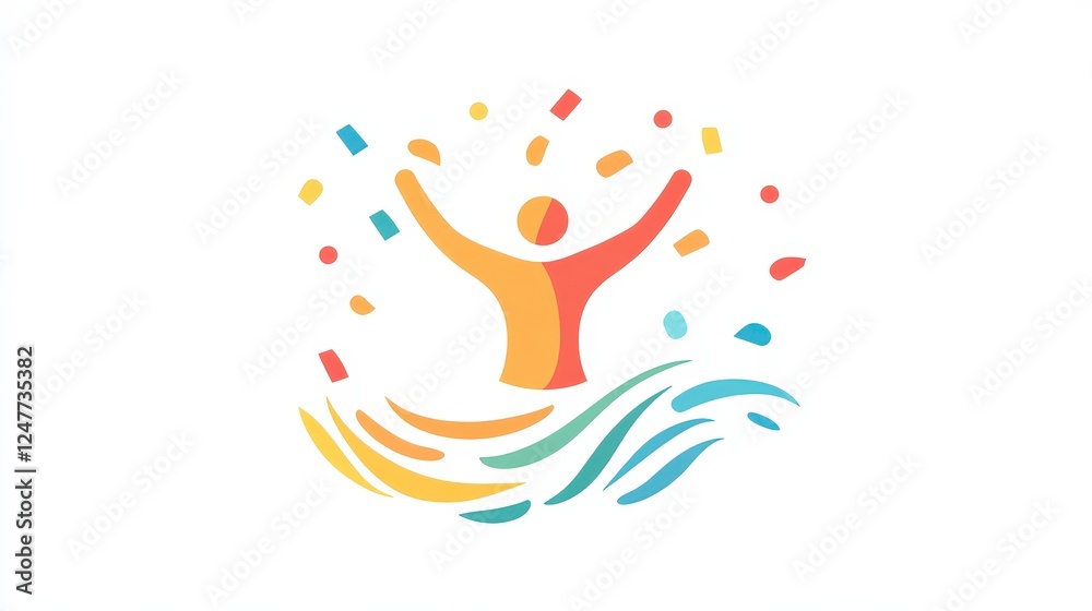 Joyful Celebration with Colorful Confetti and Floating Waves