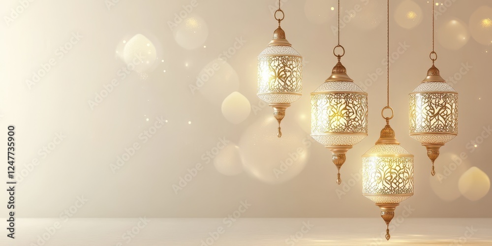 Glowing lanterns hanging against a soft background. Glowing lanterns hanging against a soft background.