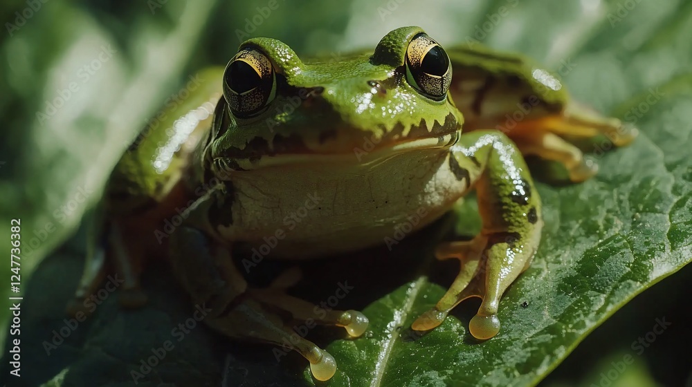 Close-up of a green frog perched on a large leaf. Close-up of a green frog perched on a large leaf.