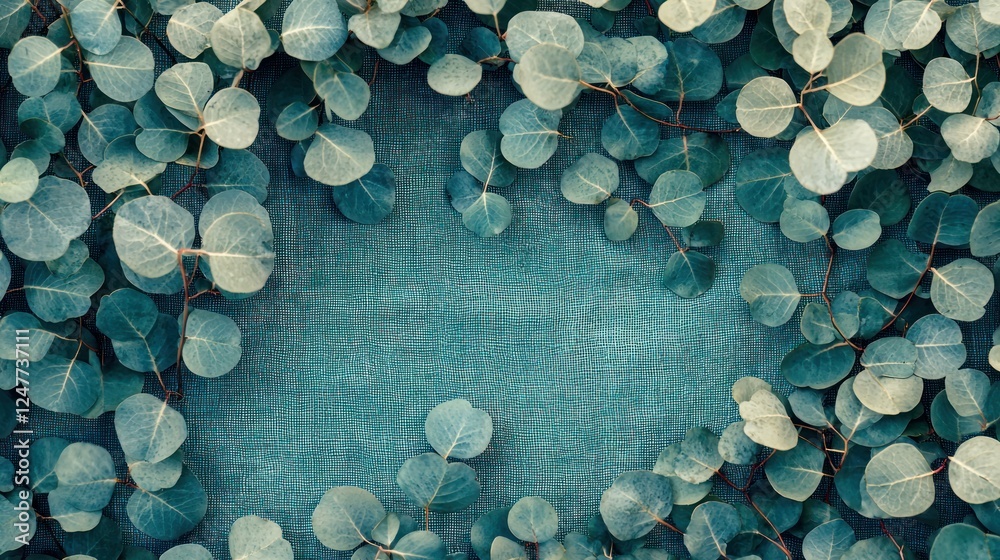 Eucalyptus leaves frame on teal fabric background; design element Eucalyptus leaves frame on teal fabric background; design element