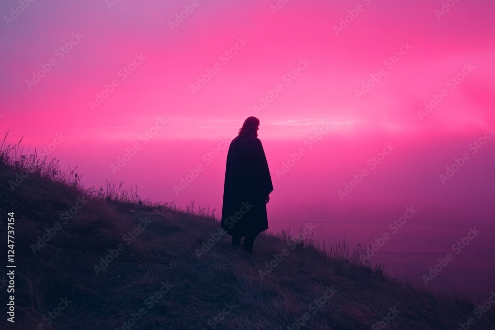 Person standing in a field at sunset Person standing in a field at sunset