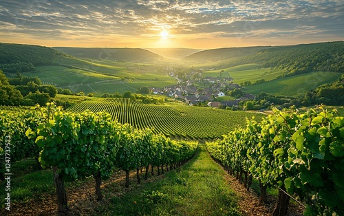 Sunrise over picturesque vineyard valley village.