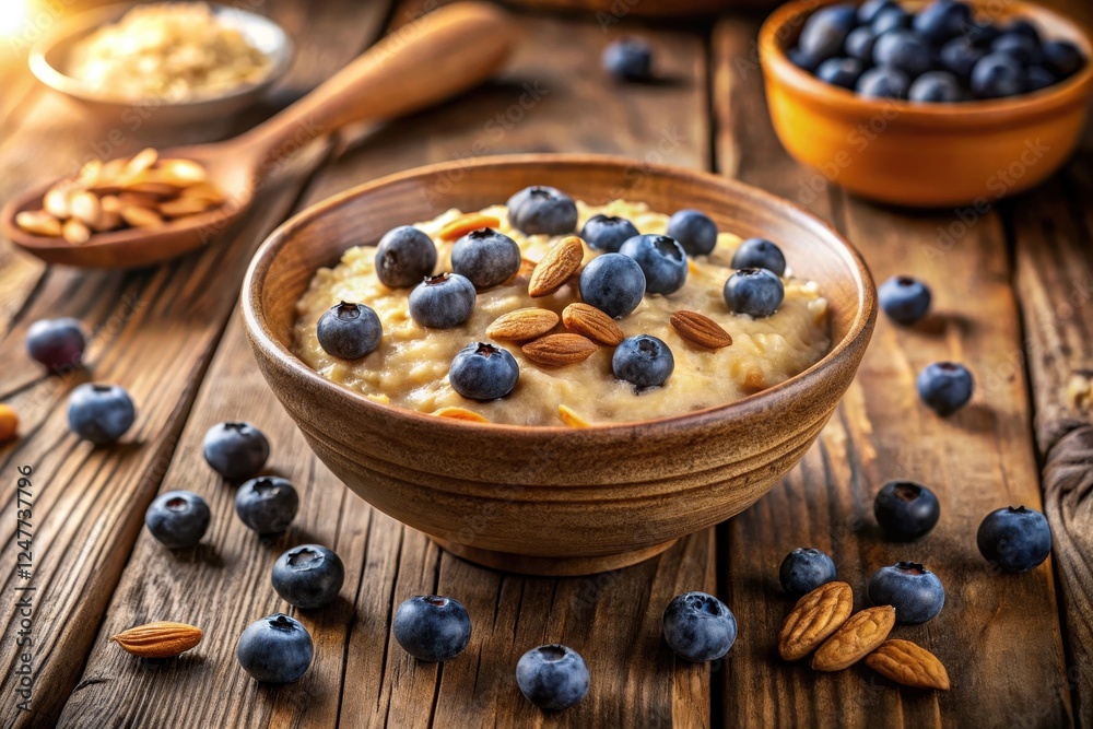 A wholesome and nutritious breakfast bowl filled with creamy porridge, topped with sweet blueberries and crunchy almonds A wholesome and nutritious breakfast bowl filled with creamy porridge, topped with sweet blueberries and crunchy almonds