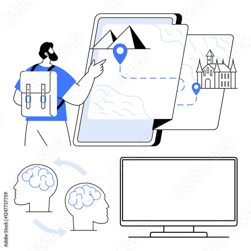 Man with backpack pointing at tablet screen displaying maps and landmarks, two connected brain icons, computer monitor. Ideal for travel planning, GPS navigation, brainstorming, digital tools