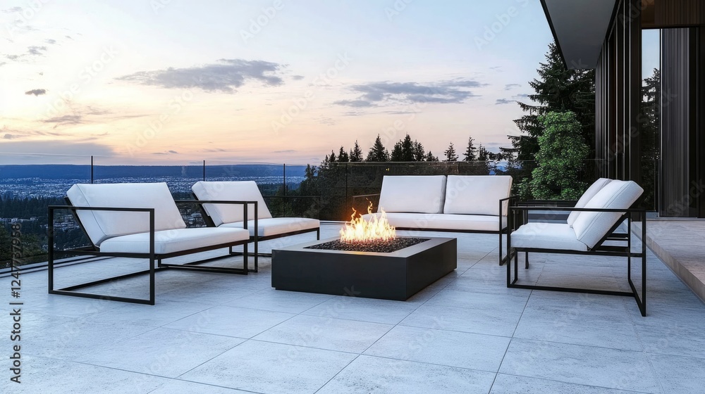 Obraz premium A minimalist roof terrace, modern metal-framed furniture, an elegant fire pit in the center, and discreet LED floor lighting. Panoramic views of the city skyline enhance the luxurious atmosphere
