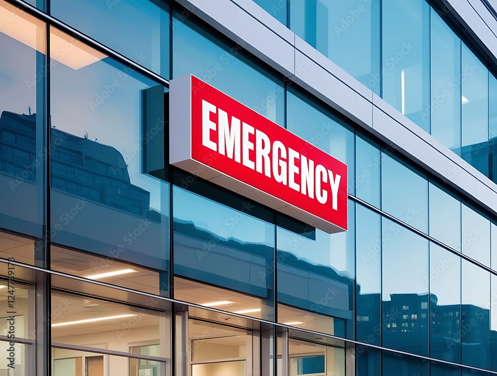 Obraz premium Modern hospital emergency entrance with bright red signage on glass building exterior, reflecting city lights, symbolizing urgent medical care, healthcare services, and critical response