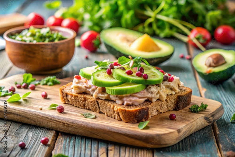 Delicious open-faced sandwich with creamy spread, cucumber, and berries on rustic wood Delicious open-faced sandwich with creamy spread, cucumber, and berries on rustic wood