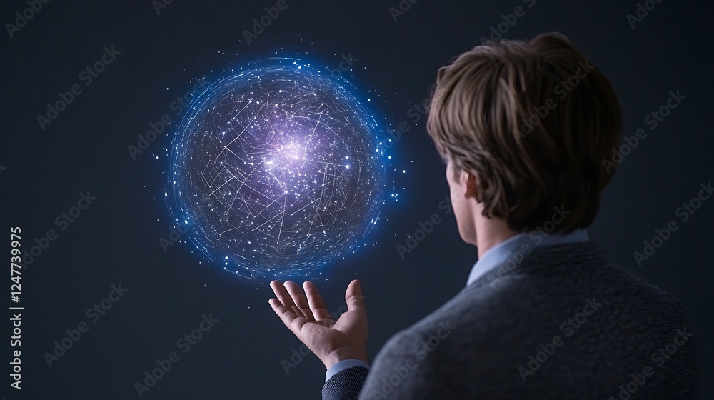 Naklejka premium A man in a suit interacts with a glowing digital sphere, symbolizing technology and innovation
