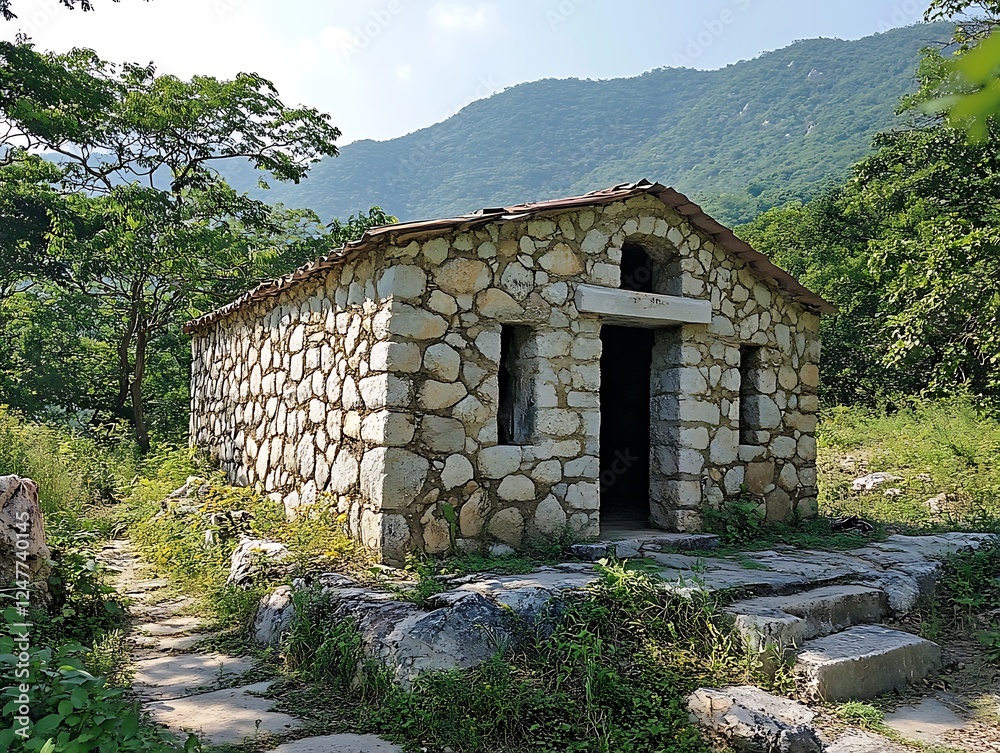 Mountain Chapel, Stone Building, Hiking Path, Foliage Background Mountain Chapel, Stone Building, Hiking Path, Foliage Background