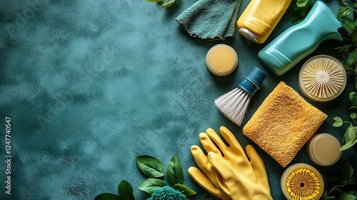 An exemplary cleanliness theme cleaning supplies, including detergent bottles, a dust cloth, rubber gloves, and a brush, arranged on a soft green background, leaving a frame for your message.
