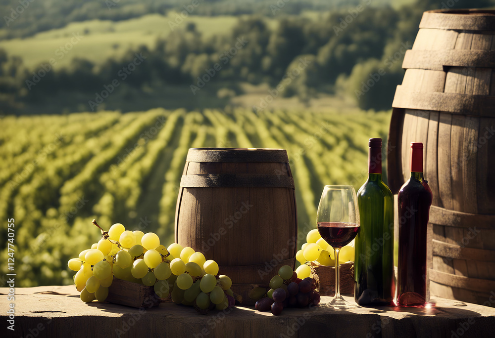 Fototapeta premium bottles wineglasses rural grapes barrel scene wine vinery goggles bottle sunset grape glass wood landscape vine winery grapevine background field harvest alcohol autumn tuscany table red drink