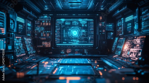 Futuristic workspace with AI assistants, holographic displays, and teamwork. Neon blue and purple lights create a cyberpunk atmosphere.