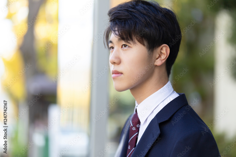 バス停の高校生