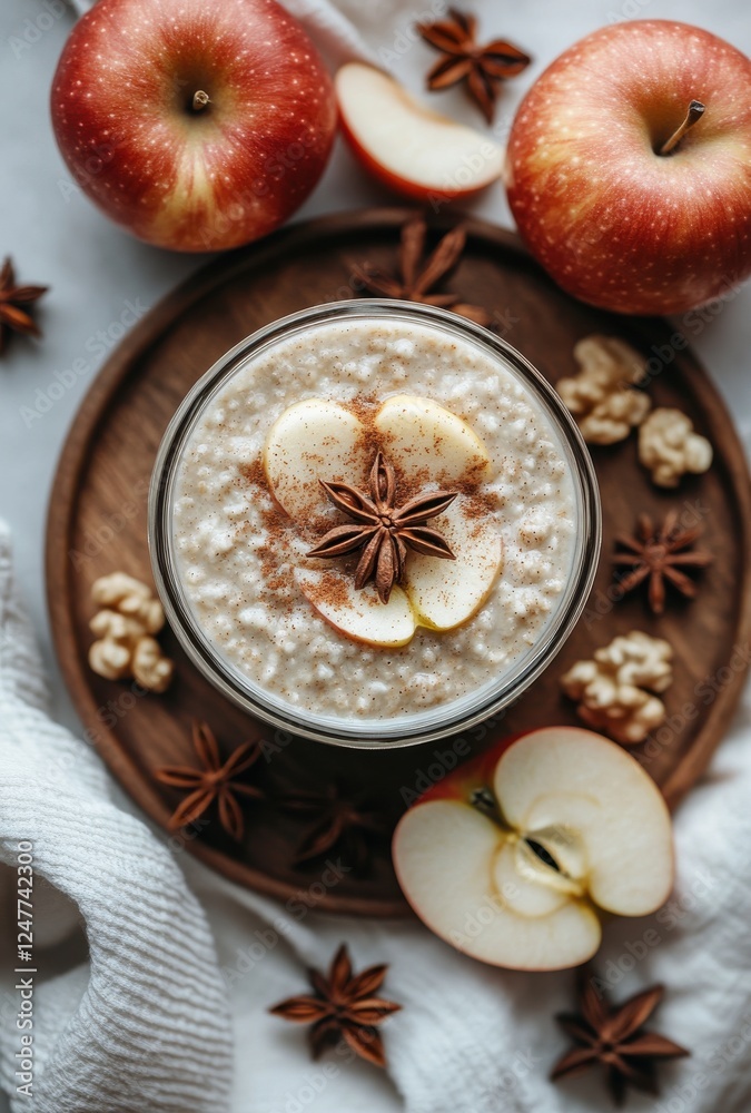 Healthy Breakfast Bowl with Oatmeal, Sliced Apples, Cinnamon, and Nuts Surrounded by Fresh Red Apples and Star Anise on a Wooden Plate Healthy Breakfast Bowl with Oatmeal, Sliced Apples, Cinnamon, and Nuts Surrounded by Fresh Red Apples and Star Anise on a Wooden Plate