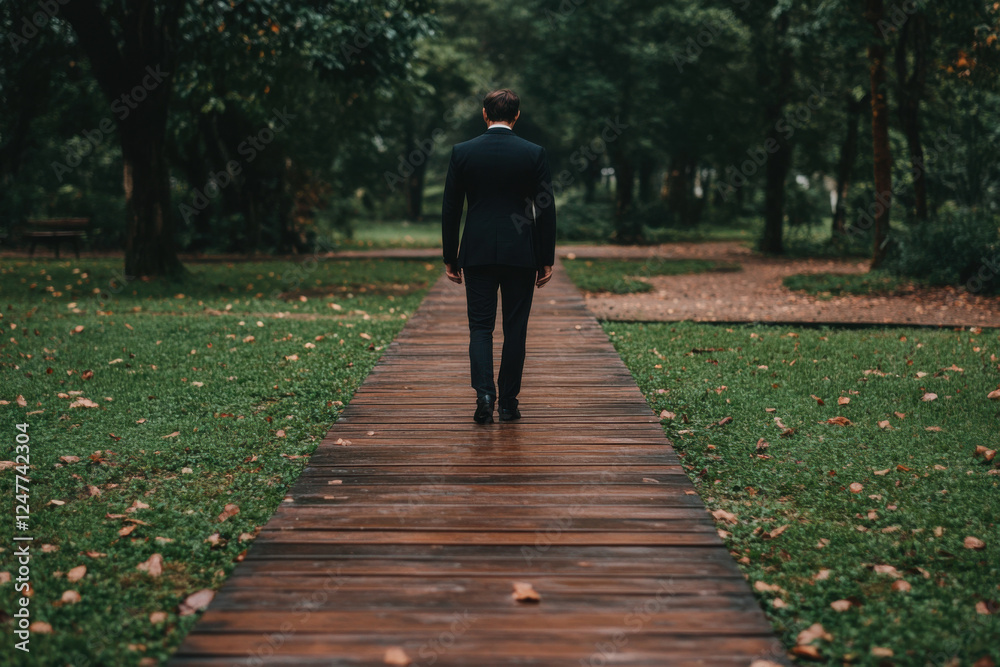 A man in a suit walks down a path in a park A man in a suit walks down a path in a park