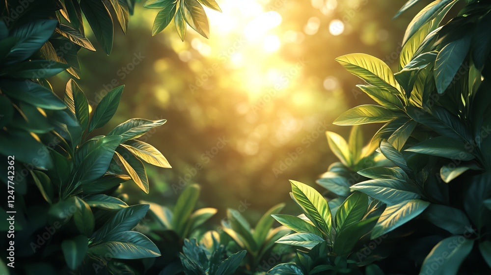 Fototapeta premium Lush Green Leaves Framing a Sunlit Background in Nature's Glow