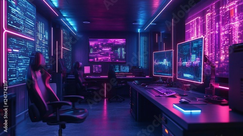 Futuristic workspace with AI assistants, holographic displays, and teamwork. Neon blue and purple lights create a cyberpunk atmosphere.