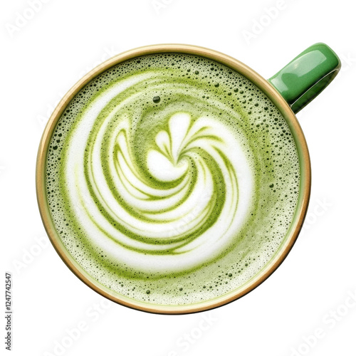 Vibrant Matcha Latte with Swirled Foam Pattern in Green Cup