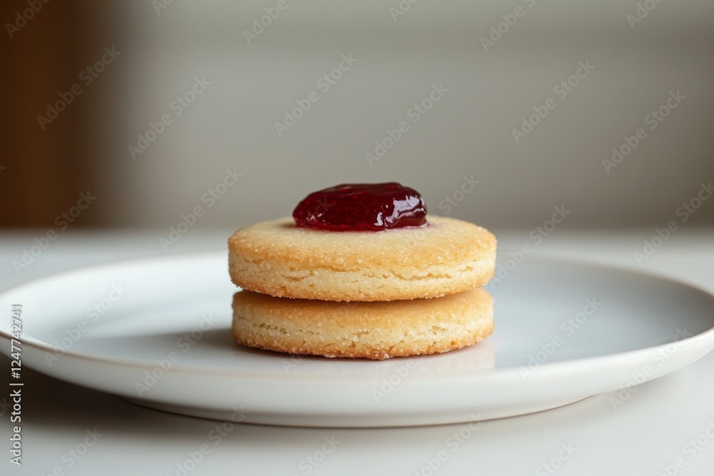 Close-up of a round biscuit with red jam filling on top Close-up of a round biscuit with red jam filling on top