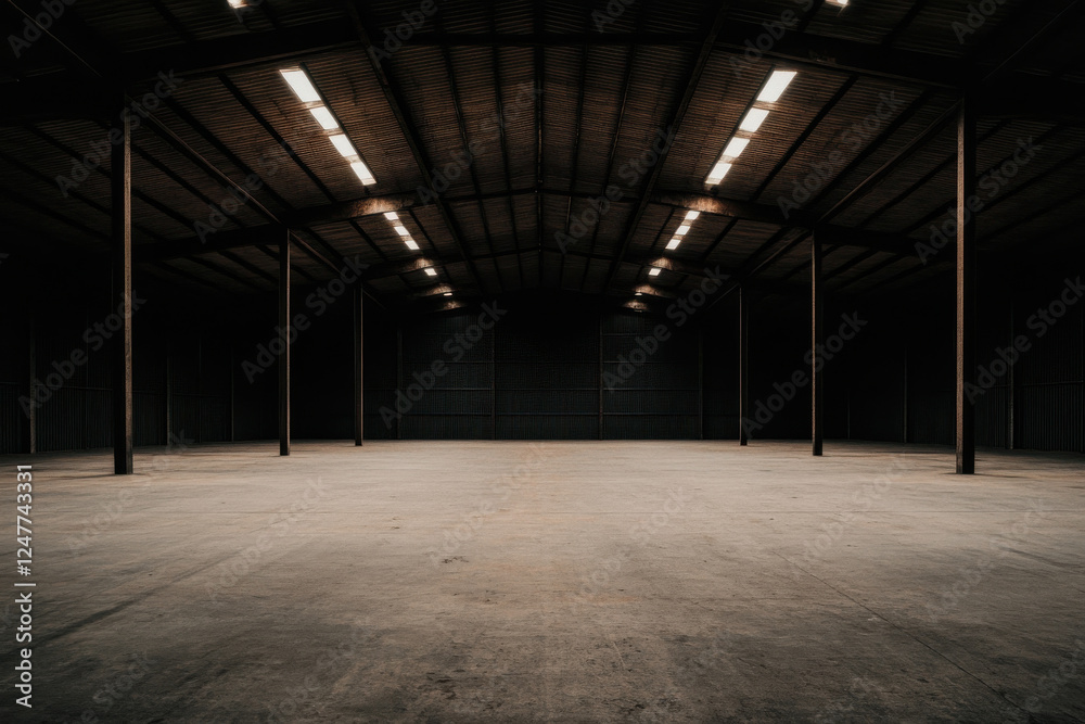 A large, empty warehouse with a lot of light shining down on it A large, empty warehouse with a lot of light shining down on it