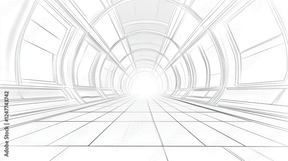 Obraz premium A simple line drawing of the interior of an infinite tunnel, with one side visible and only lines forming the shapes, against a white background
