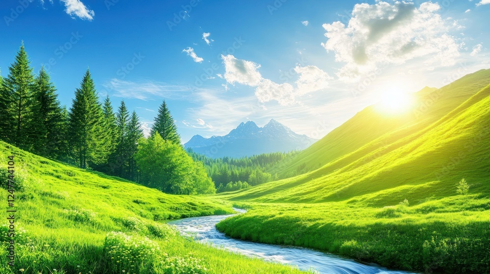 Serene Mountain Valley Landscape with Sunny Sky Serene Mountain Valley Landscape with Sunny Sky