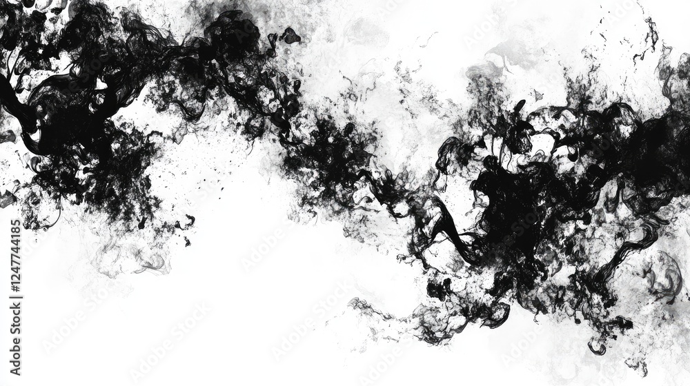 Abstract black ink splatter on white background; dynamic, swirling patterns and textures. Abstract black ink splatter on white background; dynamic, swirling patterns and textures.