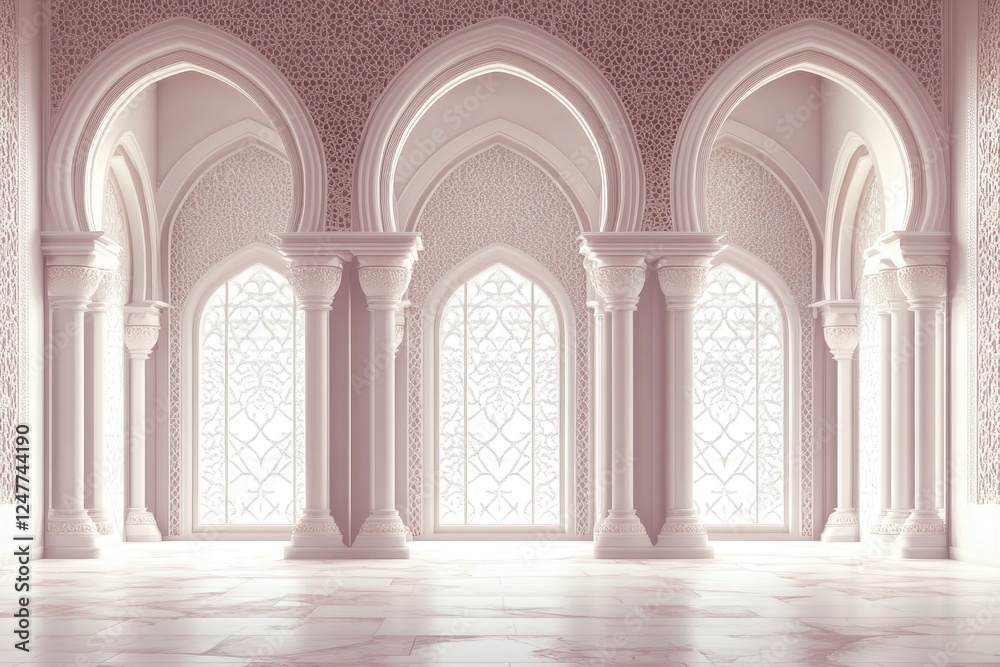 Elegant interior with arched windows and columns.