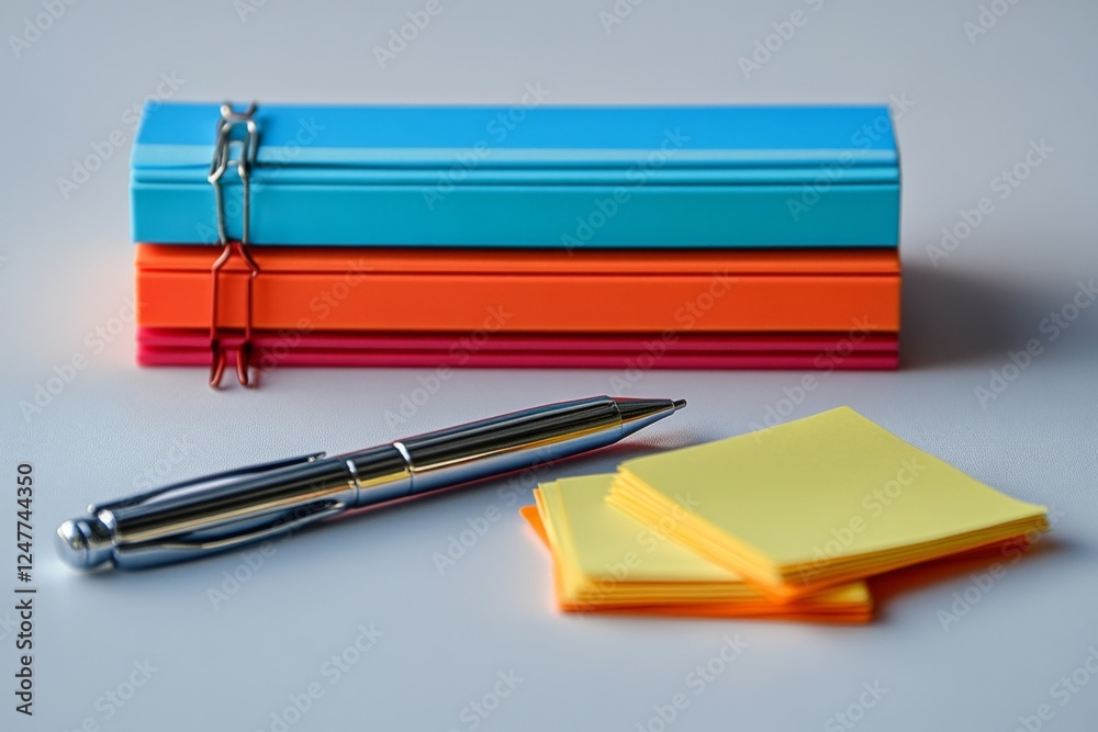 Stack of notebooks pens and sticky notes on a desk Stack of notebooks pens and sticky notes on a desk