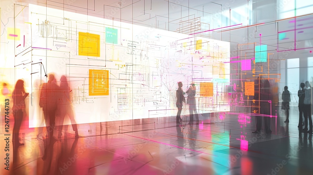 Silhouetted figures in a modern space interacting with a large digital display showcasing interconnected data blocks and lines. Silhouetted figures in a modern space interacting with a large digital display showcasing interconnected data blocks and lines.