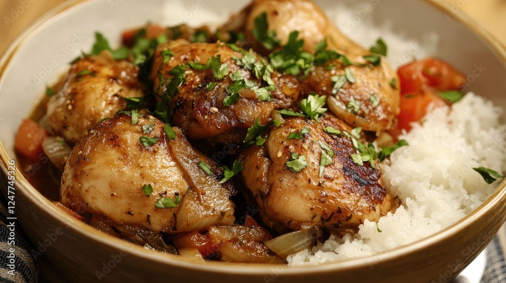Delicious Braised Chicken Thighs with Rice and Fresh Parsley Garnish Delicious Braised Chicken Thighs with Rice and Fresh Parsley Garnish