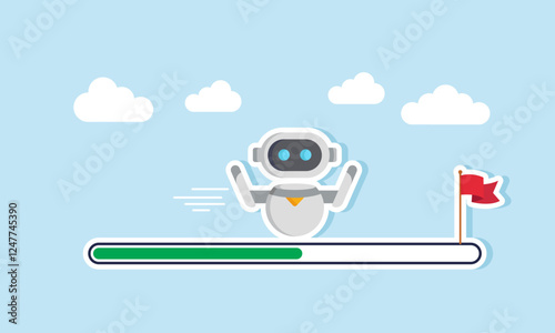AI robot moves forward on a loading bar to reach the finish at a flagpole, illustration of business performance progress assisted by AI