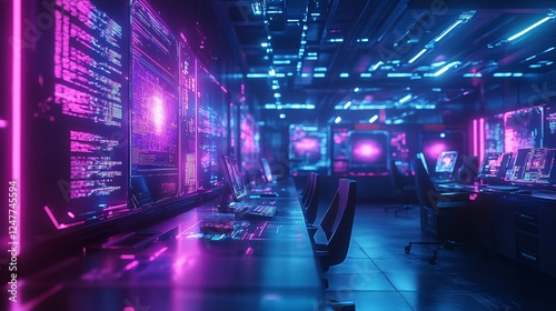 High-tech office with holographic screens, AI assistants, and workers collaborating. The scene glows in neon blue and purple cyberpunk lighting.