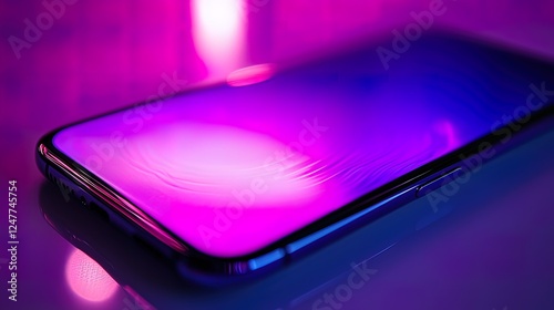Smartphone screen reflecting vibrant pink and blue neon light.
