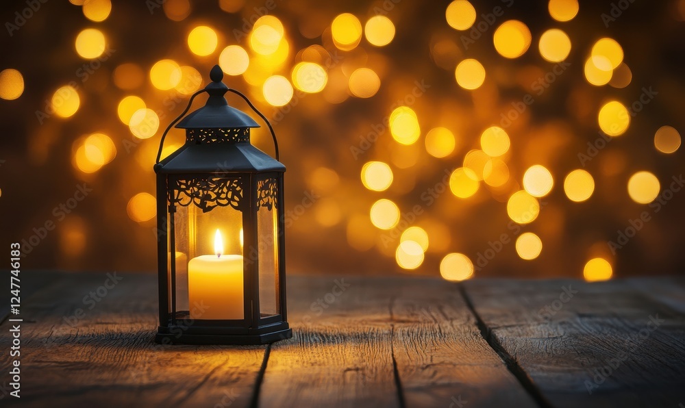 Illuminated lantern with candle on wooden surface, bokeh background. Illuminated lantern with candle on wooden surface, bokeh background.