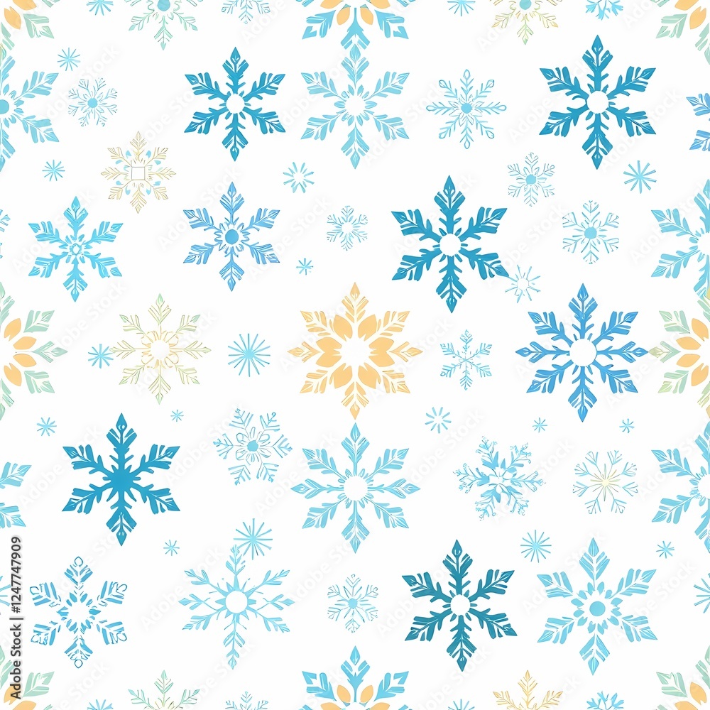 Winter Snowflakes Pattern: A charming seamless pattern featuring an array of delicate snowflakes in varying shades of blue and yellow, perfect for winter-themed designs and holiday projects. Winter Snowflakes Pattern: A charming seamless pattern featuring an array of delicate snowflakes in varying shades of blue and yellow, perfect for winter-themed designs and holiday projects.