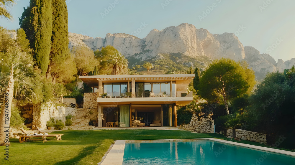 Naklejka premium A minimalist modern house in the mountains of Mallorca
