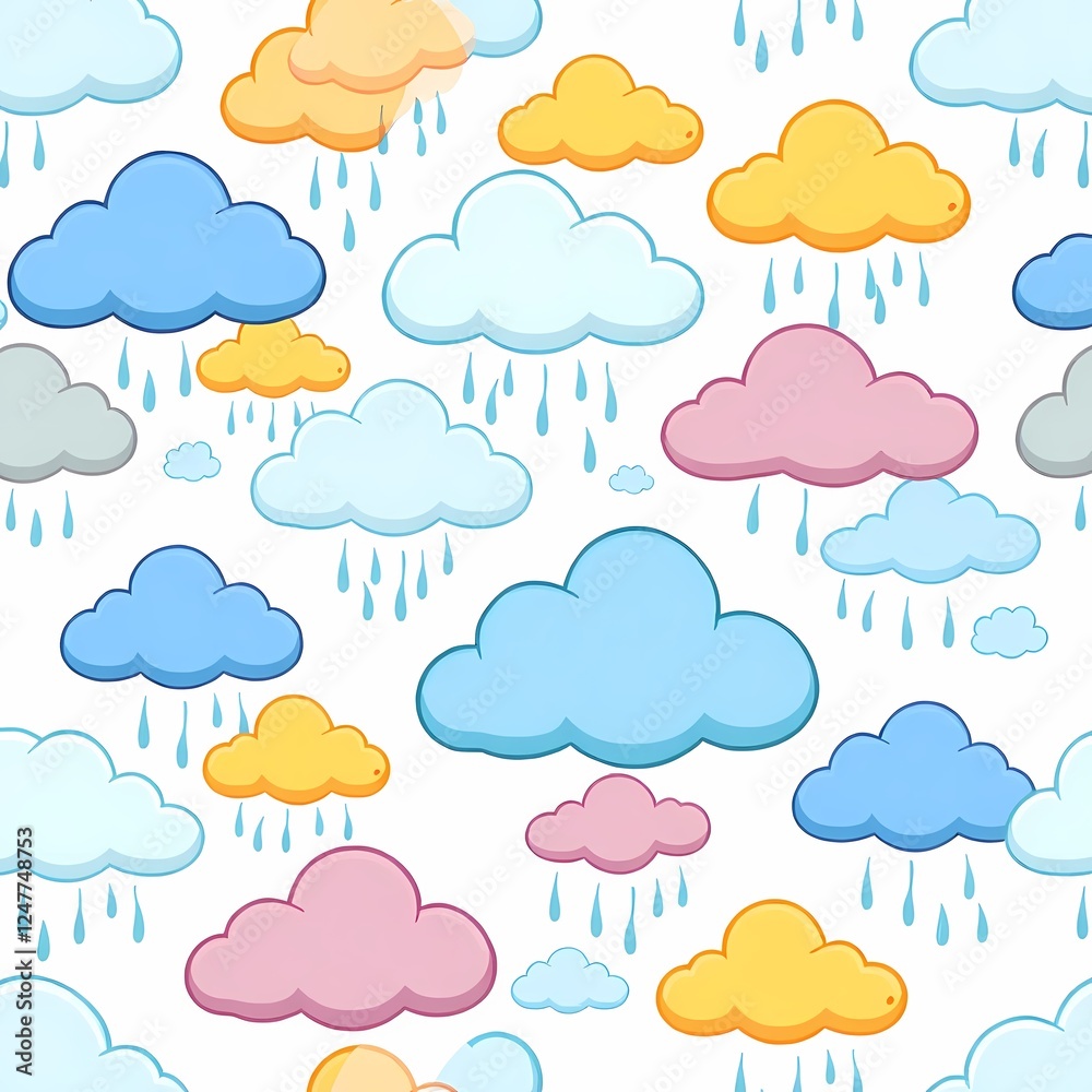 Obraz premium Raining Clouds Seamless Pattern: A cheerful and playful seamless pattern featuring colorful cartoon clouds with raindrops falling, perfect for children's designs, textiles, and stationery. 