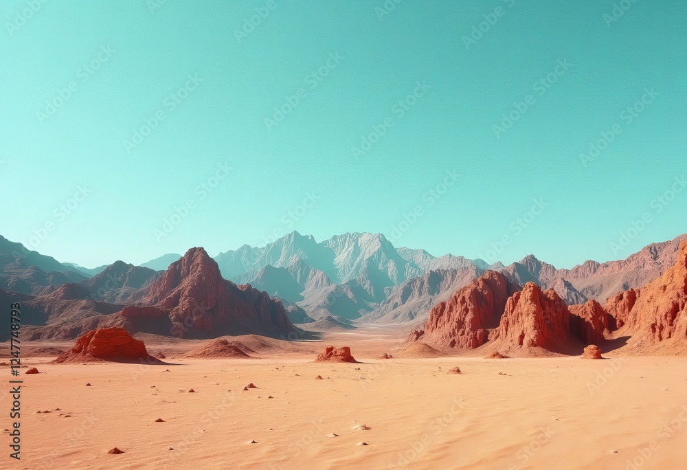 Naklejka premium Arid Landscape with Red Rock Formations and Blue Sky