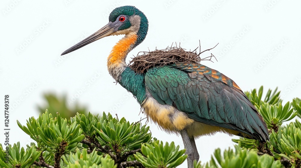 Fototapeta premium Vibrant Green Bird with Nest on a Lush Tree Branch: A Stunning Wildlife Image